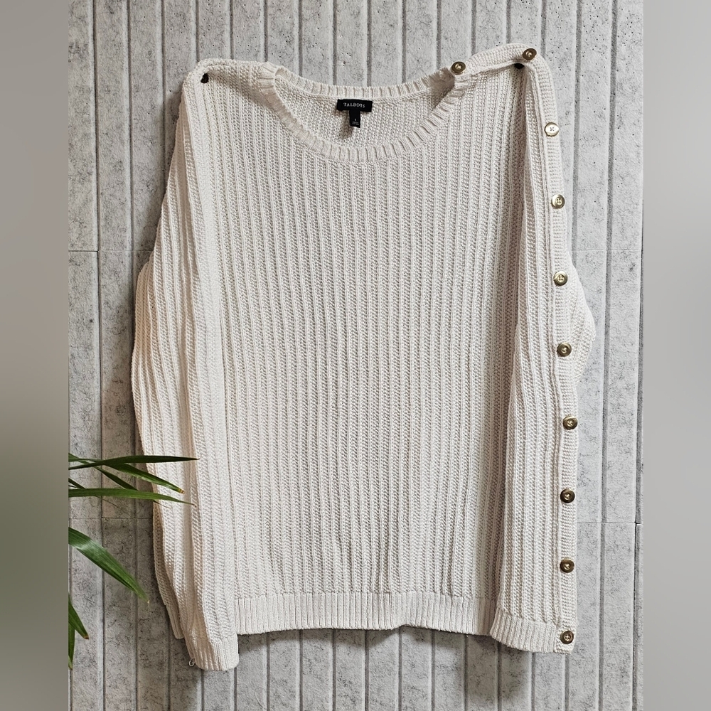 Talbots White Button Side Ribbed Sweater Women’s Large